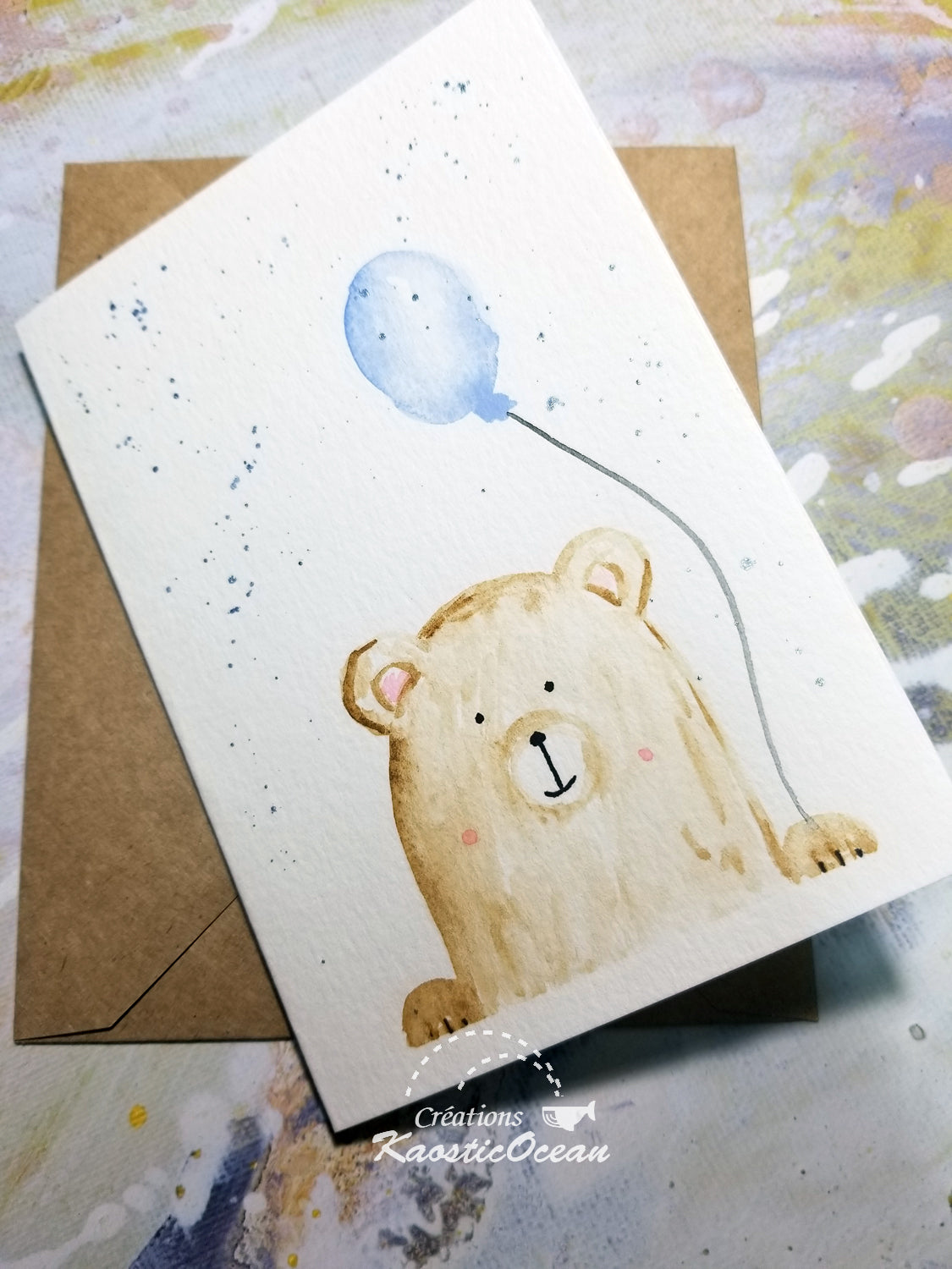 Carte aquarelle 3x5 - Ourson et ballon