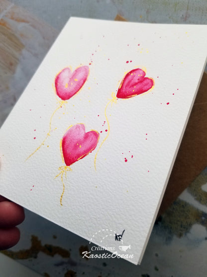 Carte aquarelle 4x5 - Ballons en coeurs